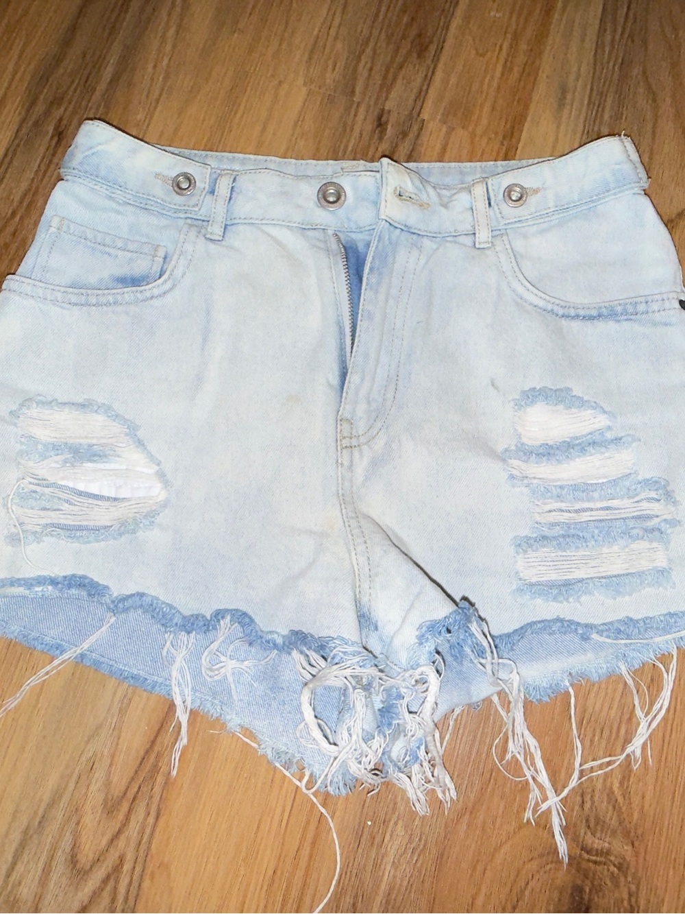 Light Blue Distressed High-Rise Denim Shorts - Women's